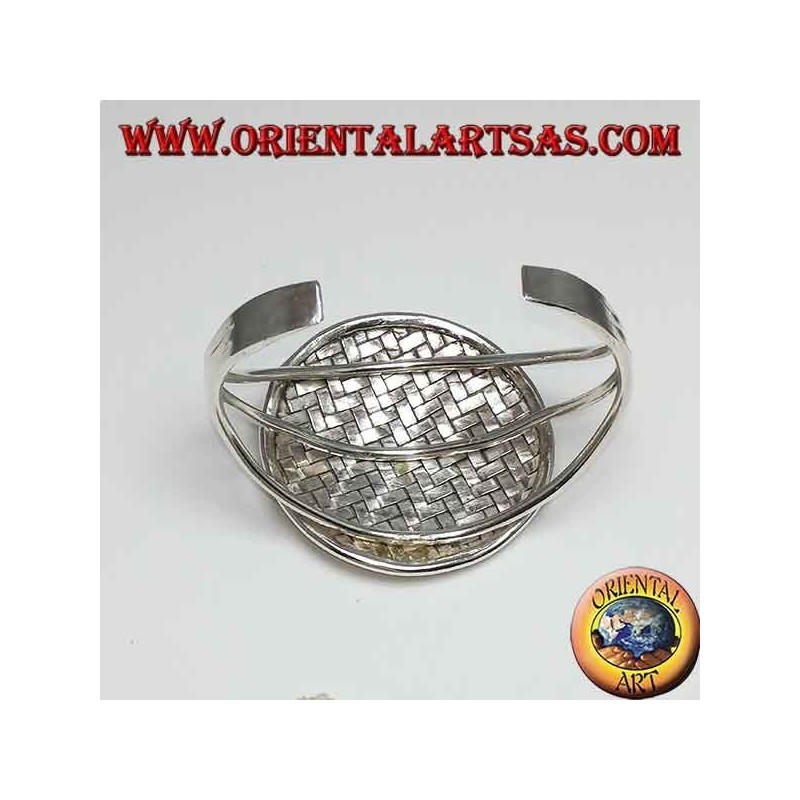 Silver bangle, round shield with intertwined bands