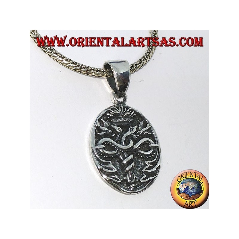 Silver pendant medal of the caduceus of Hermes in low-key