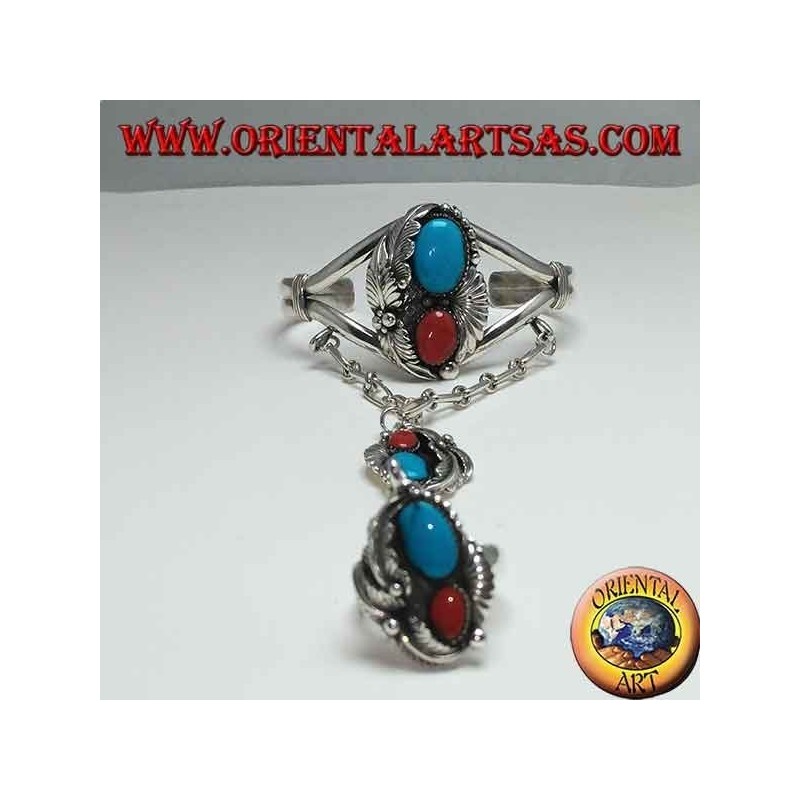 Pulsera hecha a mano y anillo rígido de plata con turquesa y coral.