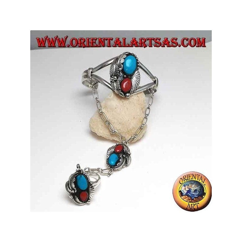 Pulsera hecha a mano y anillo rígido de plata con turquesa y coral.