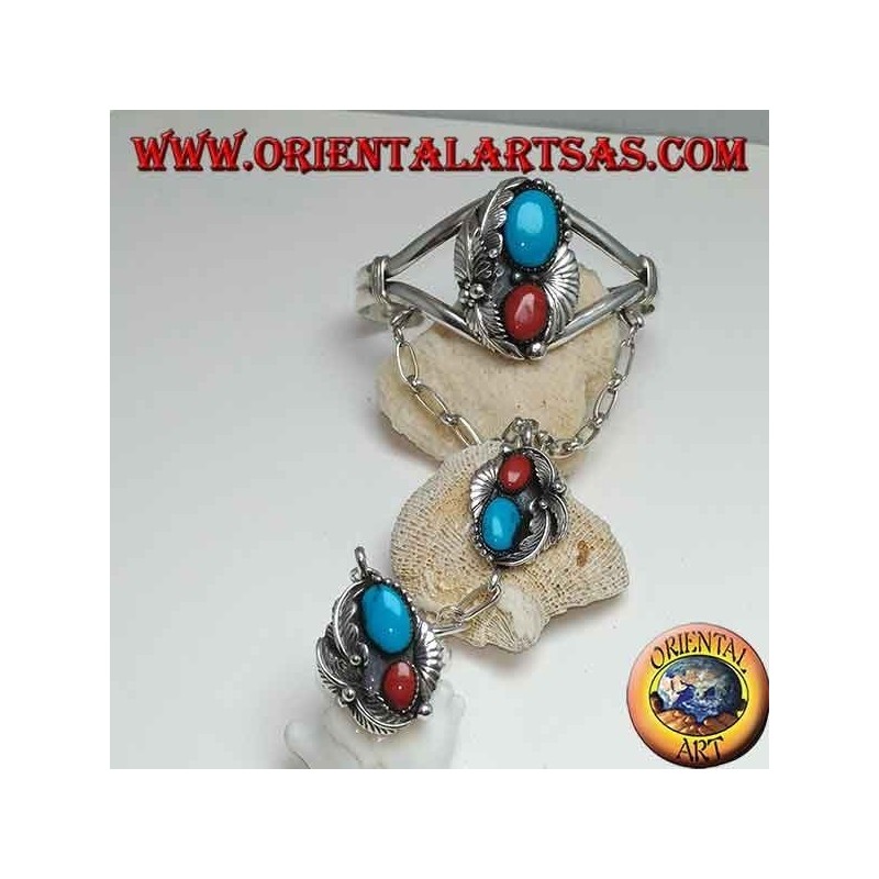 Hand-made bracelet and rigid silver ring with turquoise and coral