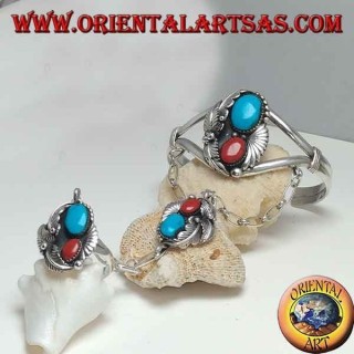 Pulsera hecha a mano y anillo rígido de plata con turquesa y coral.