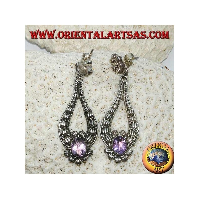 Silver pendant earrings with handmade oval Amethyst