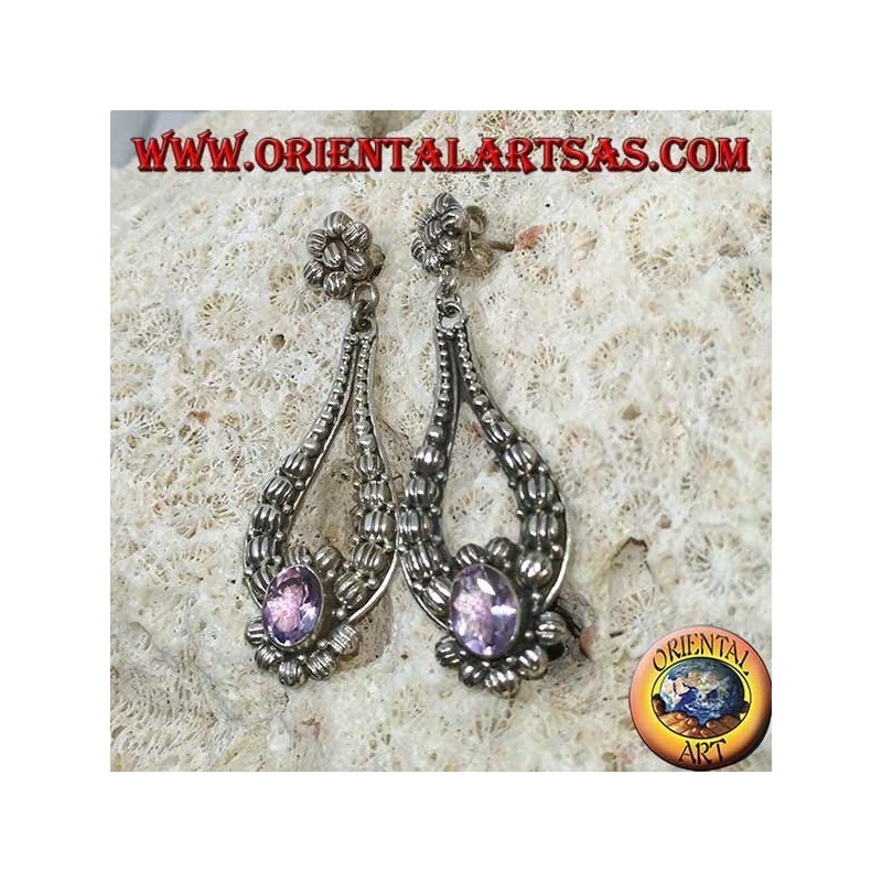 Silver pendant earrings with handmade oval Amethyst
