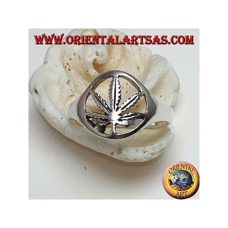 Silver ring with carved hemp leaf (marijuana)