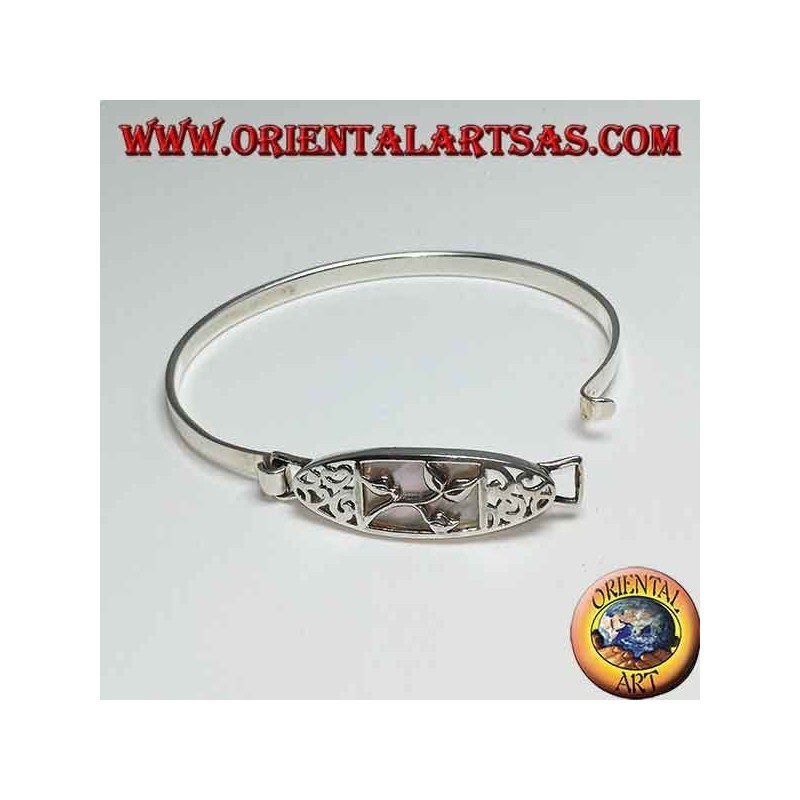 Bracciale rigido in argento con intaglio floreale ed Madreperla rettangolare sottostante