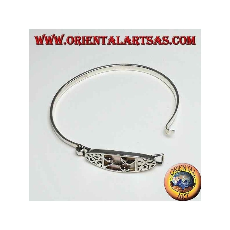 Rigid silver bracelet with floral carving and rectangular mother of pearl below