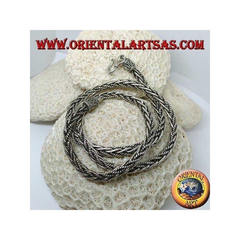 Collier en argent, tresse mélangée lisse et torsadée de cm. 60