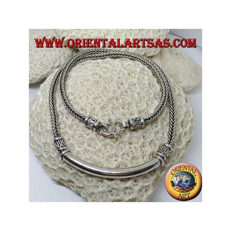Silver necklace, square braid with smooth tube insert