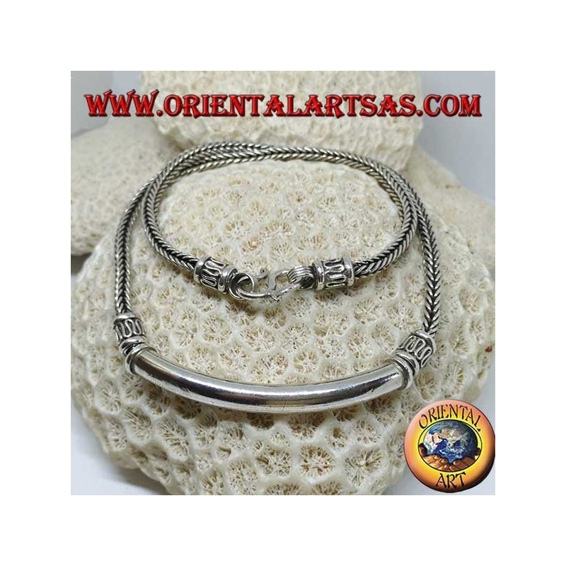 Silver necklace, square braid with smooth tube insert