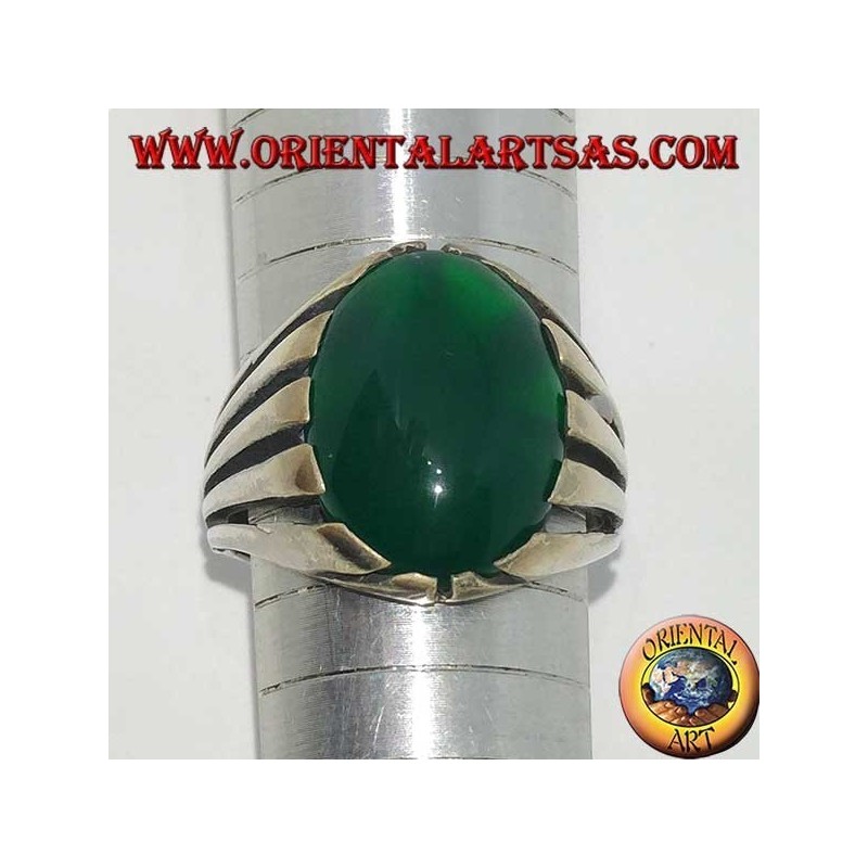 Anillo de plata con ágata verde con cabujón ovalado grande, ajuste de radios