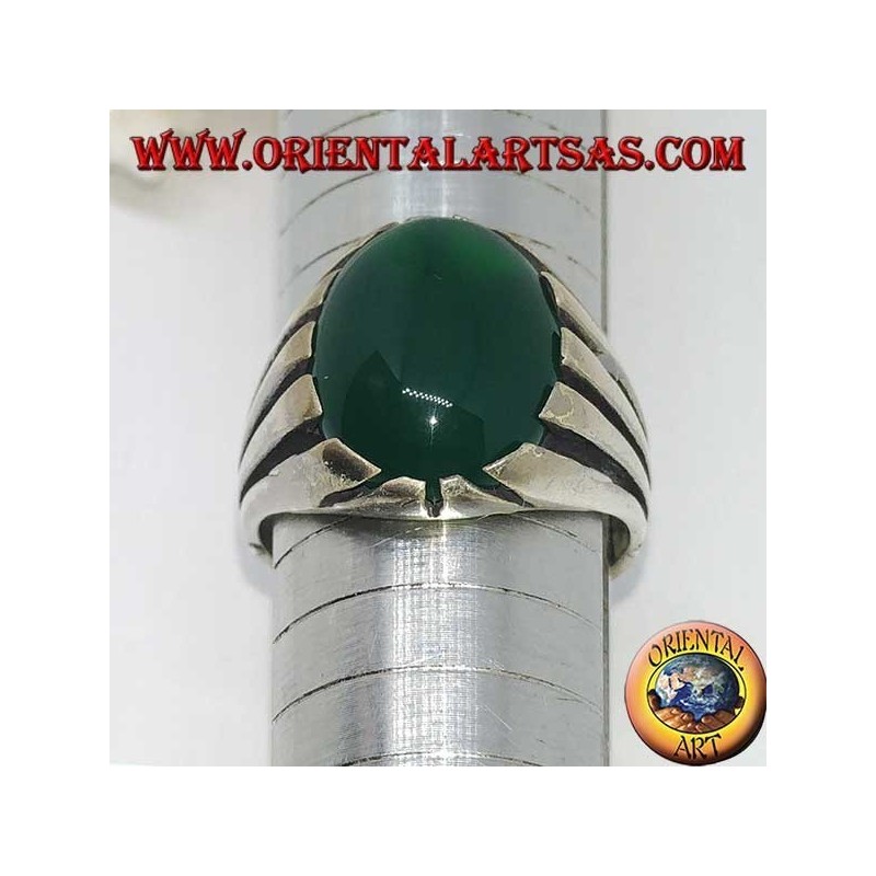 Anillo de plata con ágata verde con cabujón ovalado grande, ajuste de radios