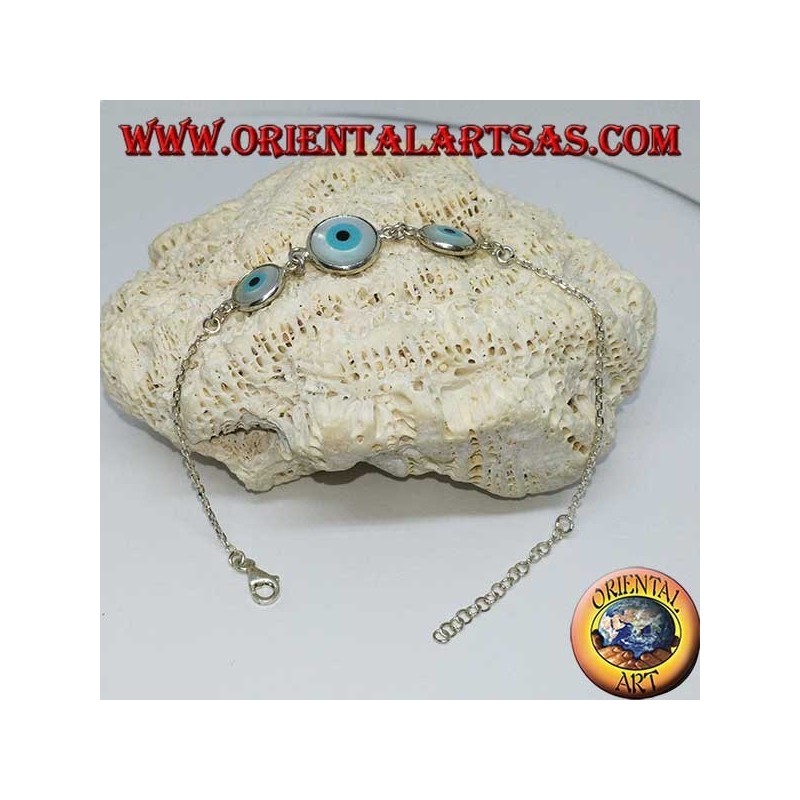 Soft silver bracelet with three Greek two-sided eye in the center