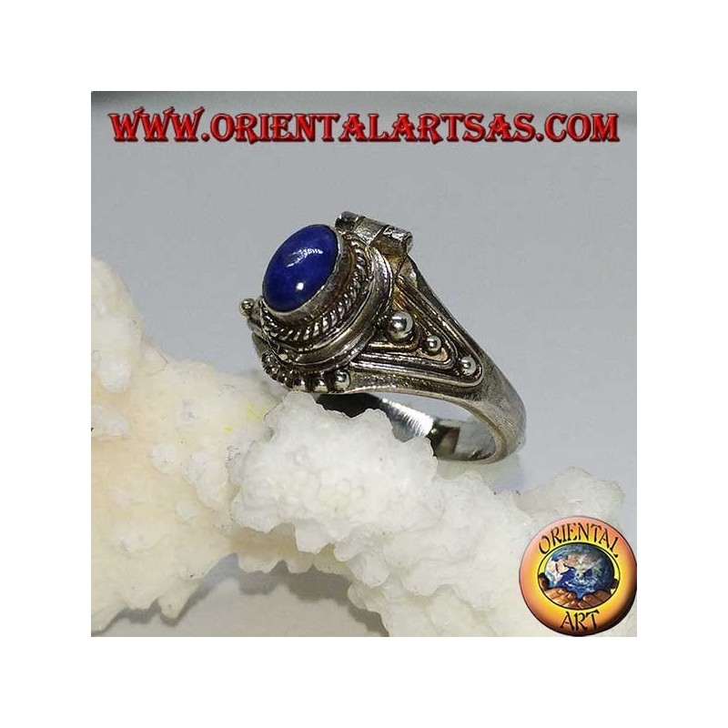 Silver small poison ring handmade with oval lapis lazuli
