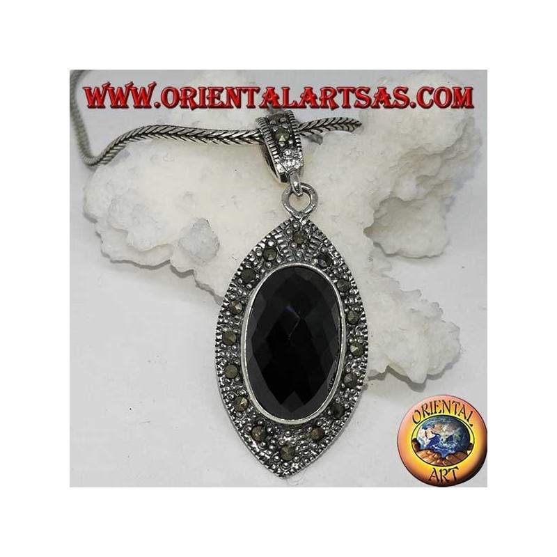 Silver pendant with faceted oval onyx and marcasite