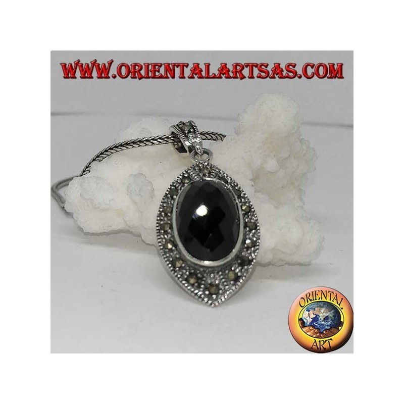 Silver pendant with faceted oval onyx and marcasite