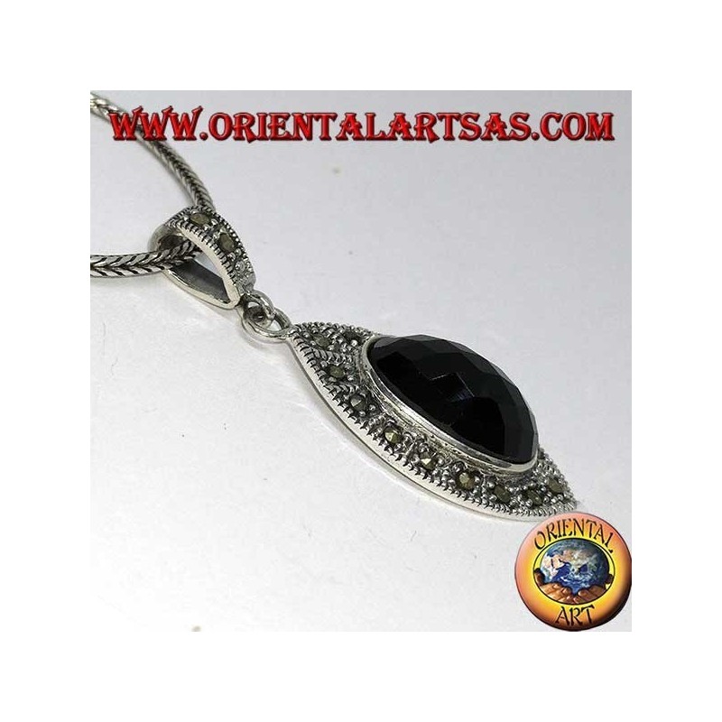 Silver pendant with faceted oval onyx and marcasite