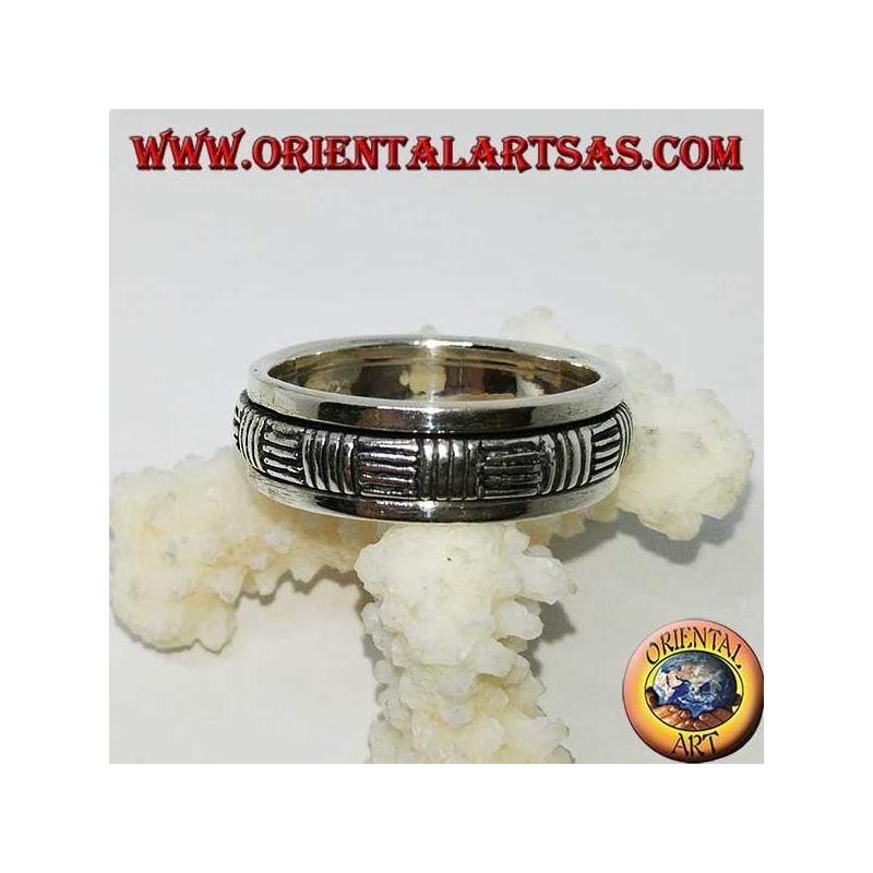 Anillo giratorio de plata (antiestrés) con líneas horizontales y verticales