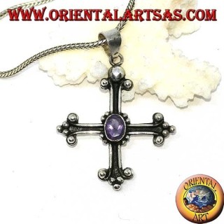 Silver pendant, cross anchored with faceted oval amethyst