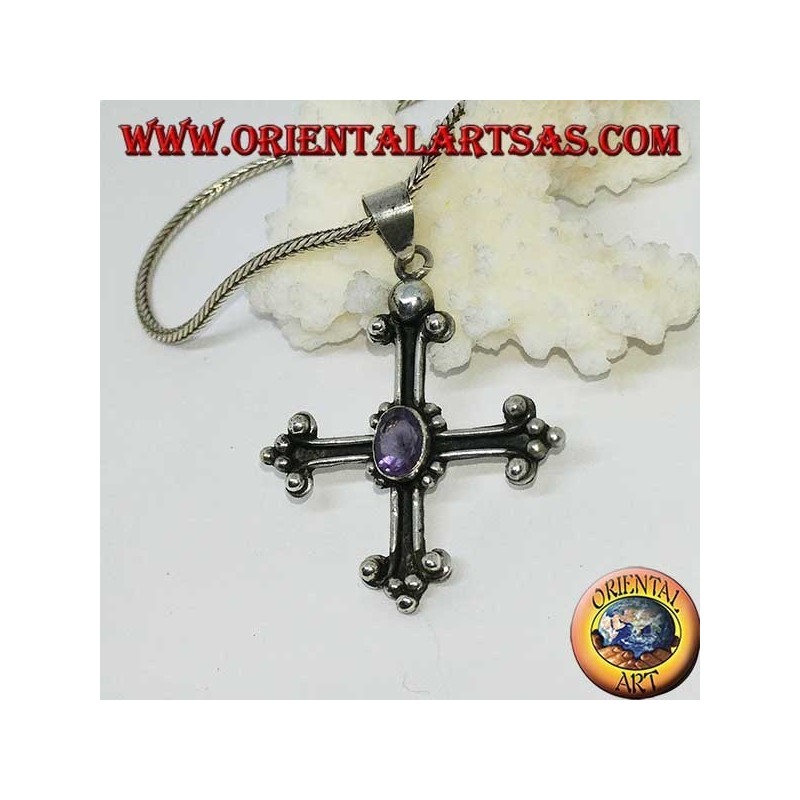 Pendentif en argent, croix ancrée avec améthyste ovale à facettes