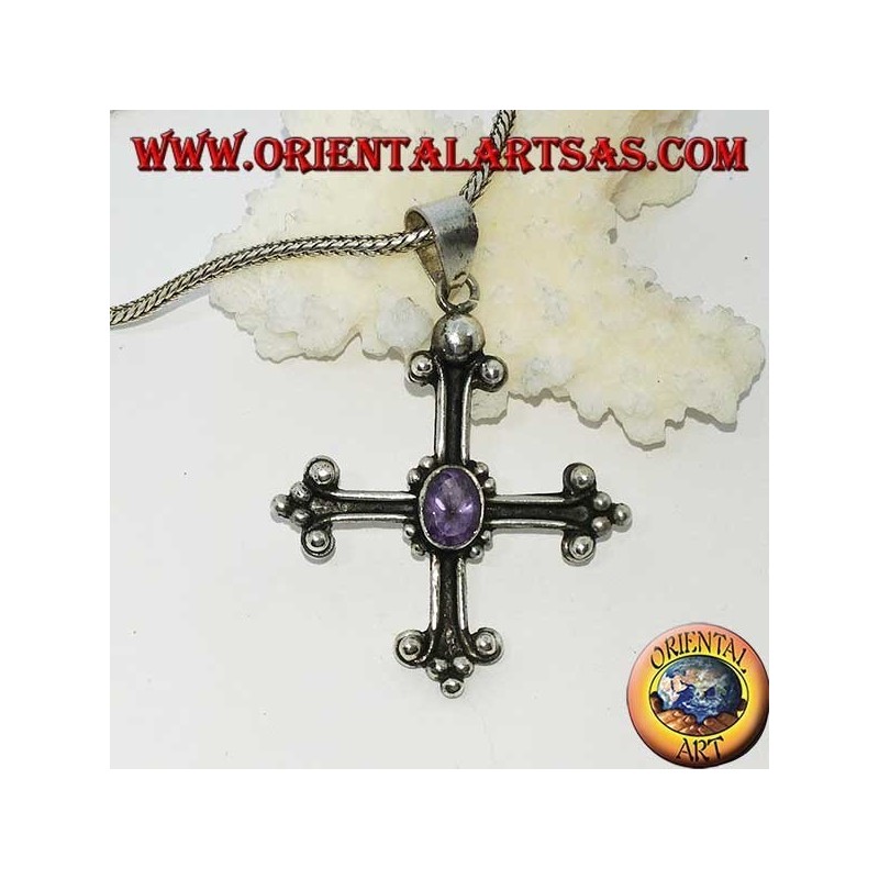 Pendentif en argent, croix ancrée avec améthyste ovale à facettes