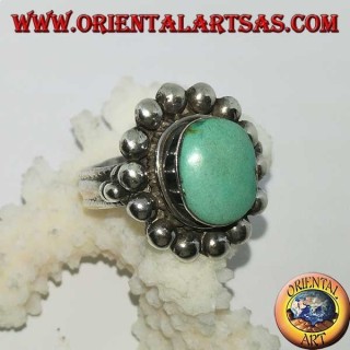 Silver ring with antique Tibetan turquoise oval edged with hemispheres