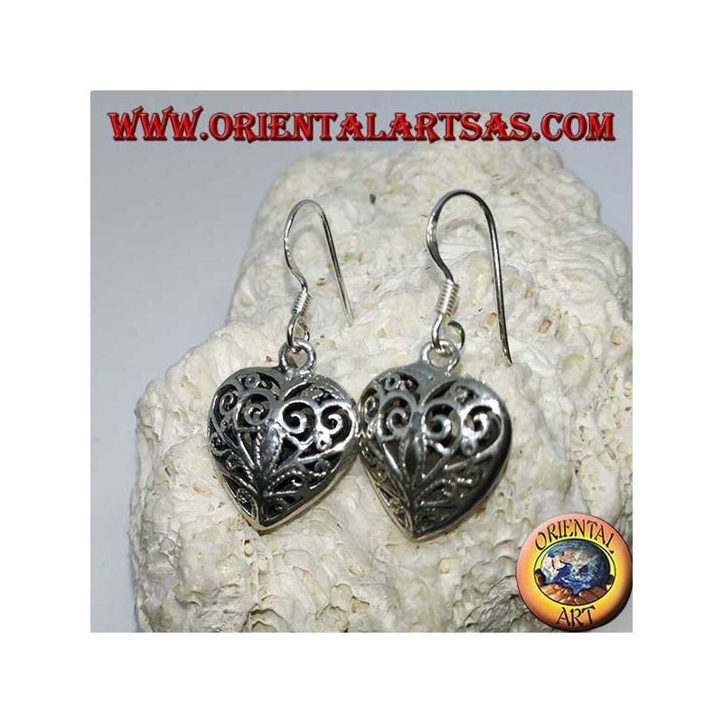 Silver earrings in the shape of a double-sided heart in baroque style