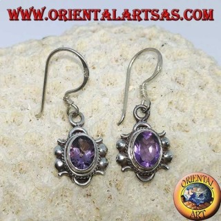 Pendientes colgantes de plata con amatista facetada ovalada natural (hecha a mano)