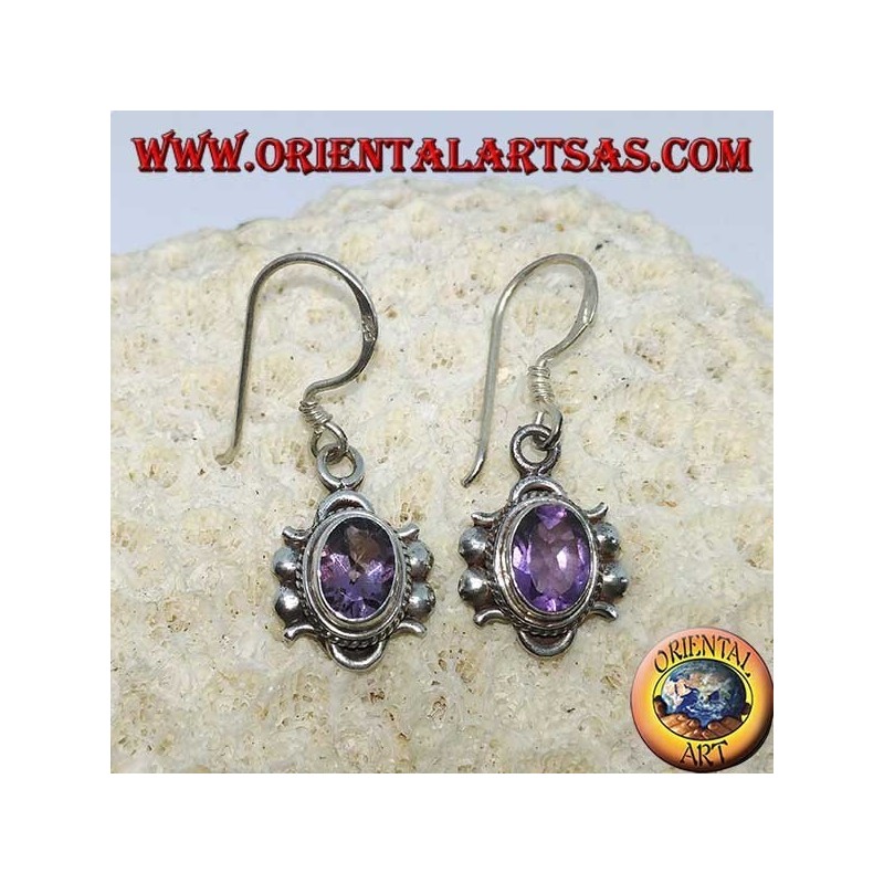 Silver dangling earrings with natural oval faceted Amethyst (handmade)