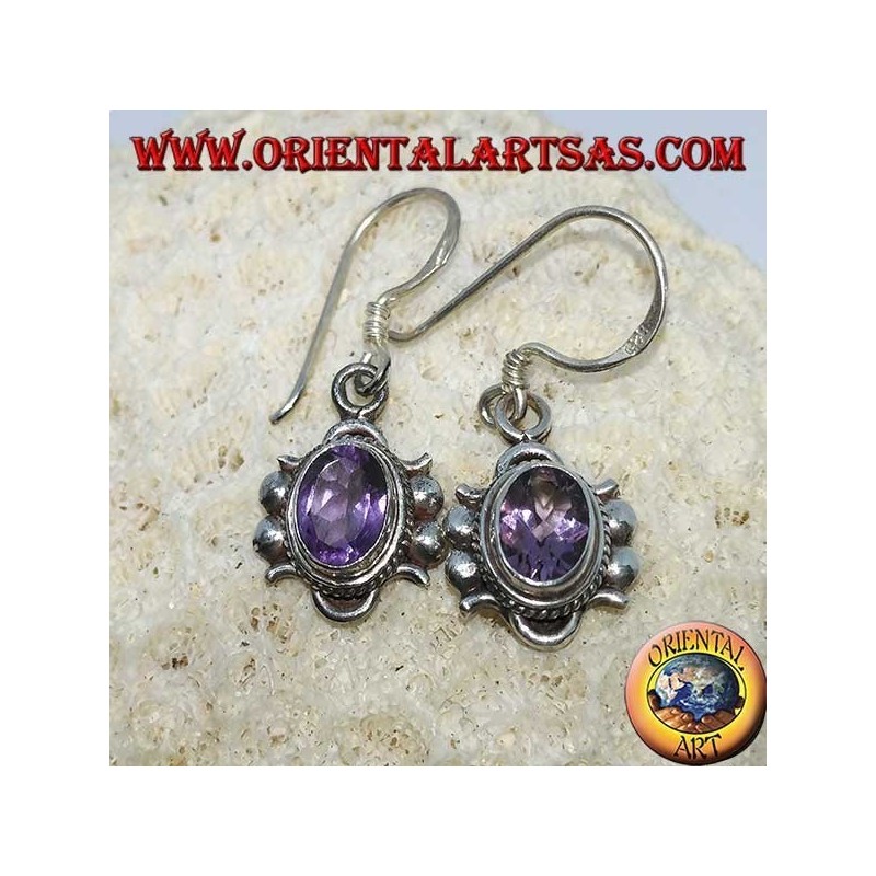 Silver dangling earrings with natural oval faceted Amethyst (handmade)