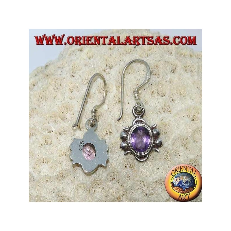 Pendientes colgantes de plata con amatista facetada ovalada natural (hecha a mano)