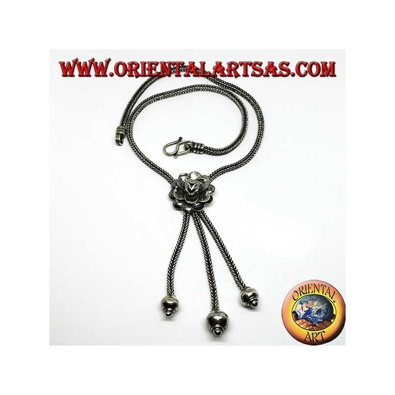 Silver necklace with rose and three tufts with spheres
