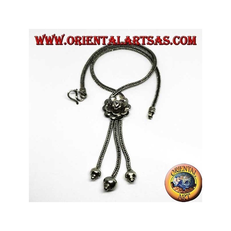 Silver necklace with rose and three tufts with spheres