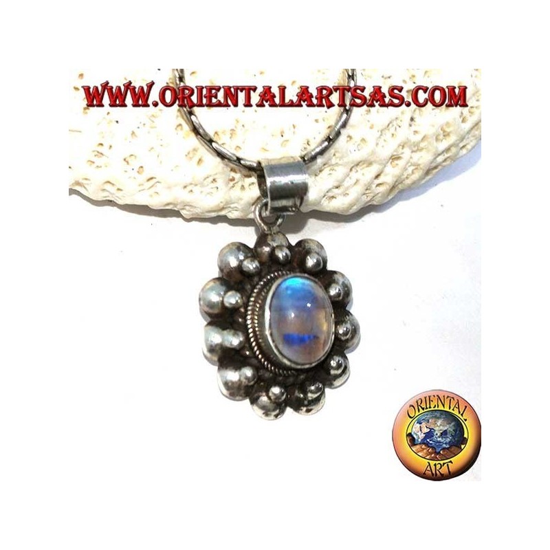 Silver pendant with oval labradorite fluorescence blue sphere edge on hemisphere