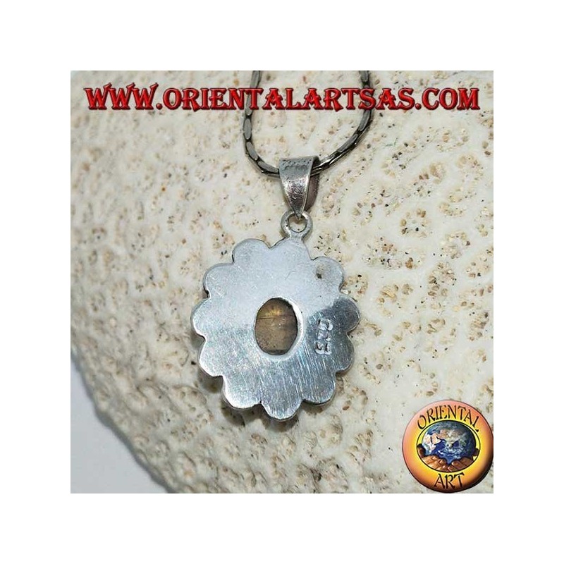 Silver pendant with oval labradorite fluorescence blue sphere edge on hemisphere