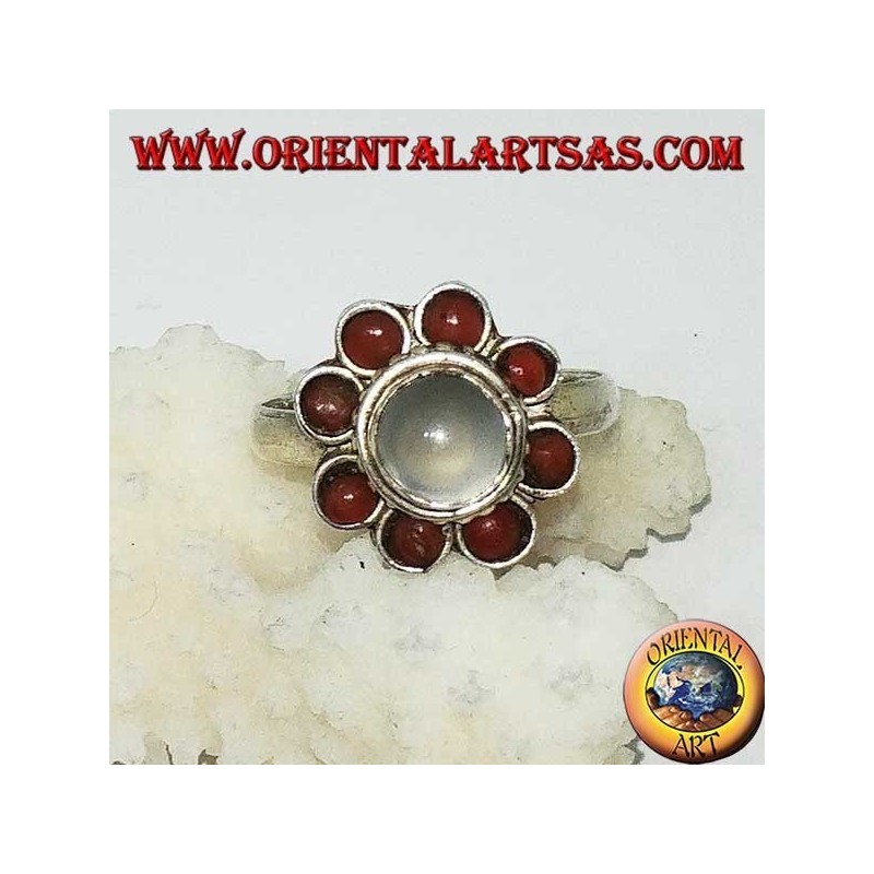 Anillo de plata con piedra lunar (adularia) rodeada de corales