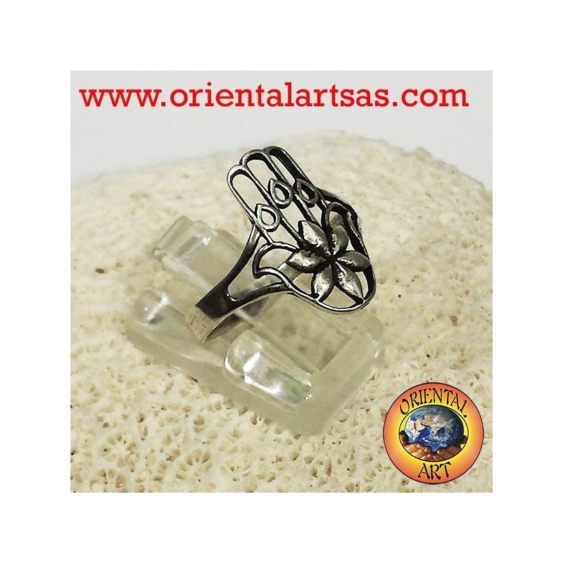 Anello mano di fatima con fiore in argento
