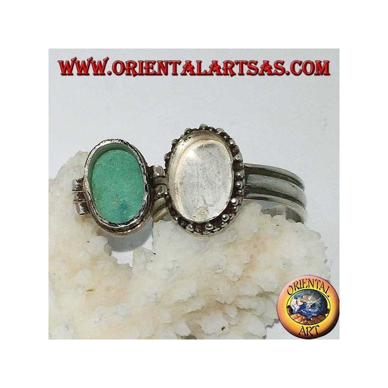 Box silver ring with natural oval turquoise (poison holder)