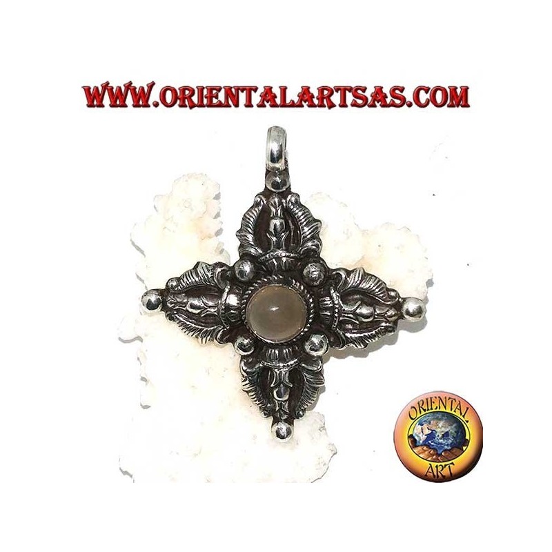 Pendentif en argent (925) Vajra Dorje Tibétain avec pierre de lune au centre