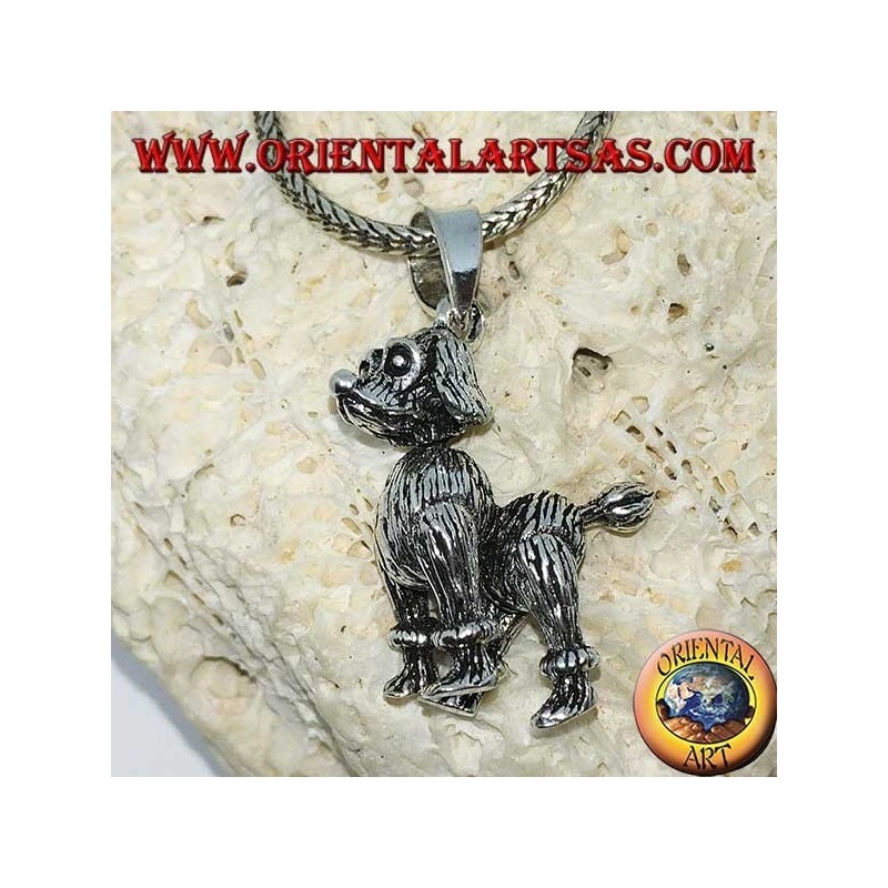 Colgante de plata, el perro el caniche móvil (mueve las patas, la cabeza y la cola)