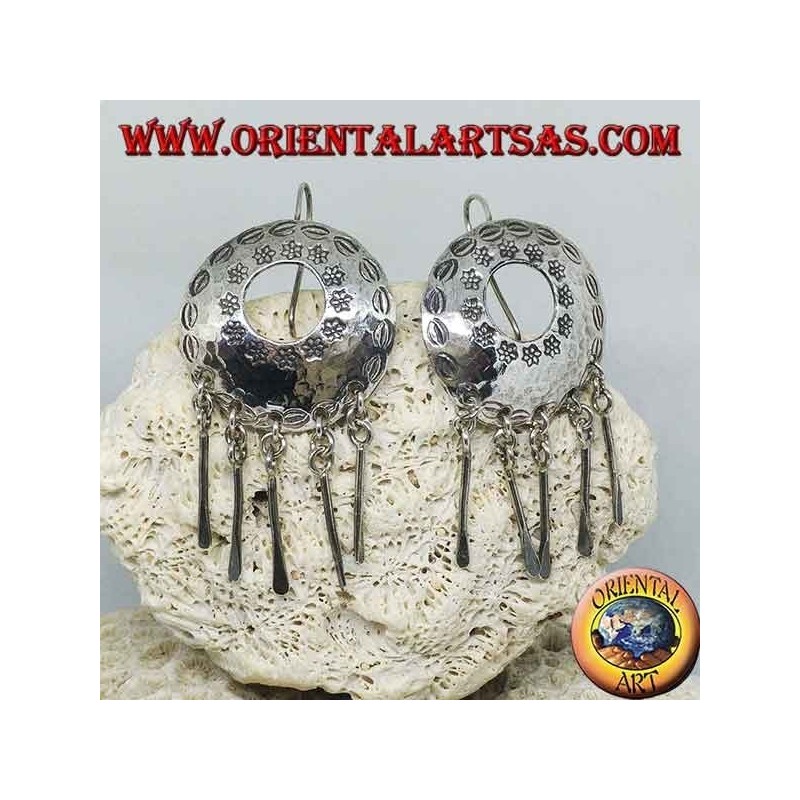 Silver pierced shield earrings with pendants handmade by Karen