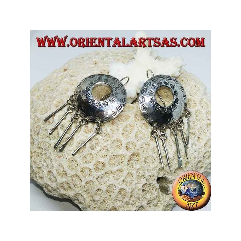 Silver pierced shield earrings with pendants handmade by Karen