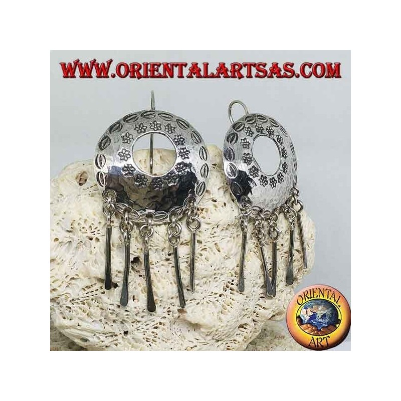 Silver pierced shield earrings with pendants handmade by Karen