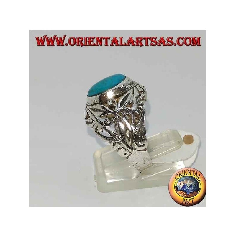 Anello in argento intagliato a mano motivi floreali  con turchese ovale