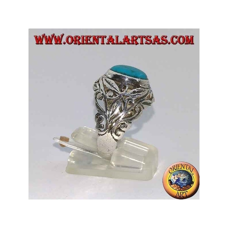 Anello in argento intagliato a mano motivi floreali  con turchese ovale