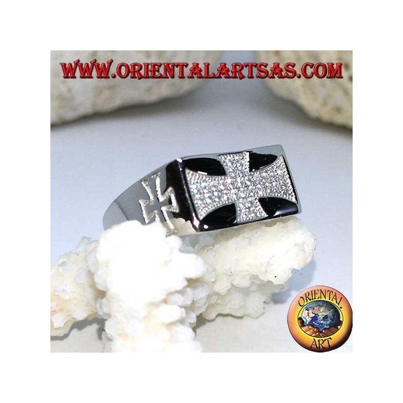 Silver ring, Templar cross with zircons and crosses engraved on the sides