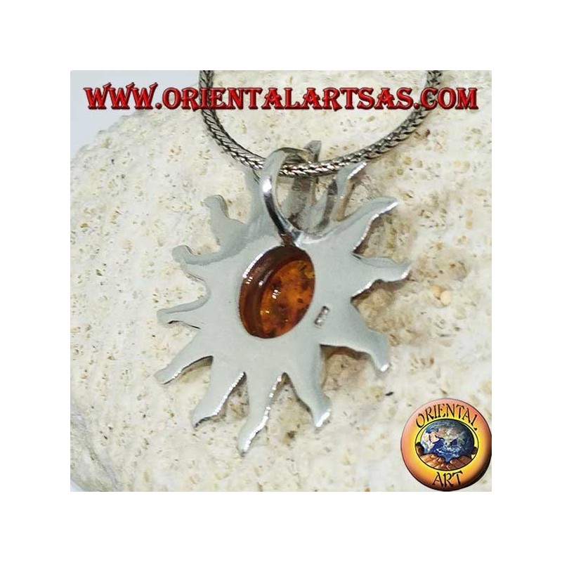 Pendentif en argent soleil avec rayons et ambre hémisphérique au centre