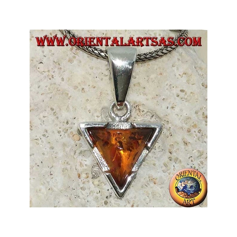 Triangular silver pendant with natural triangular amber