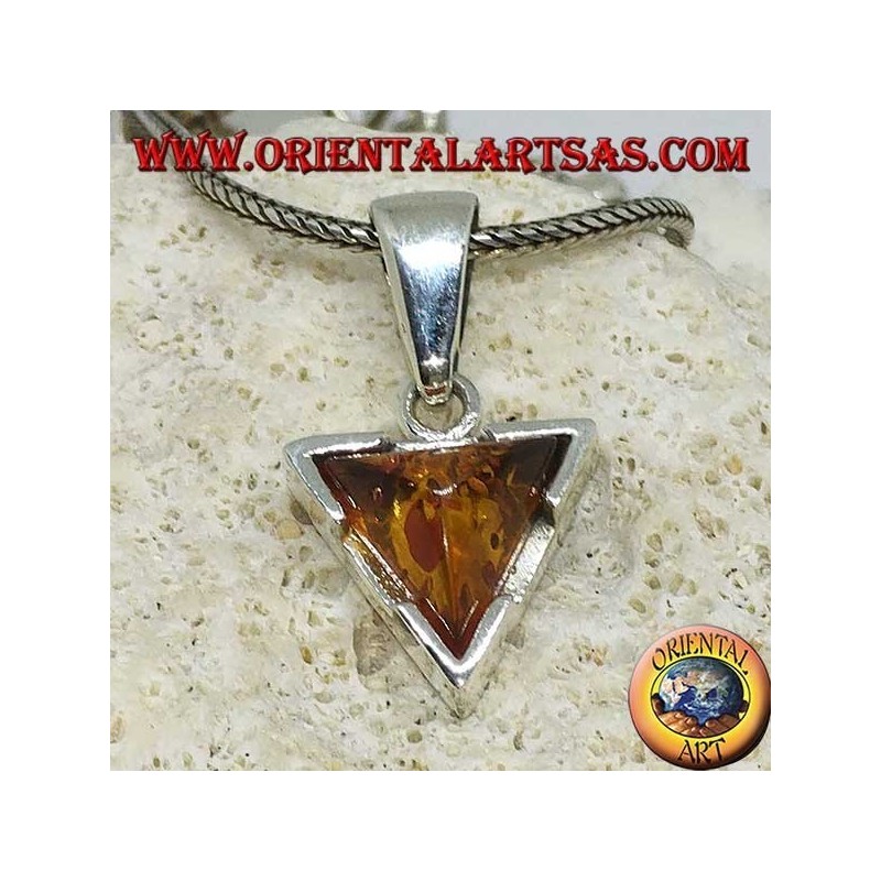 Triangular silver pendant with natural triangular amber