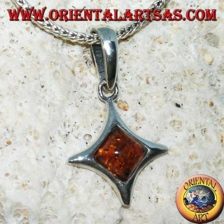 Diamond-shaped silver pendant with convex sides with square amber